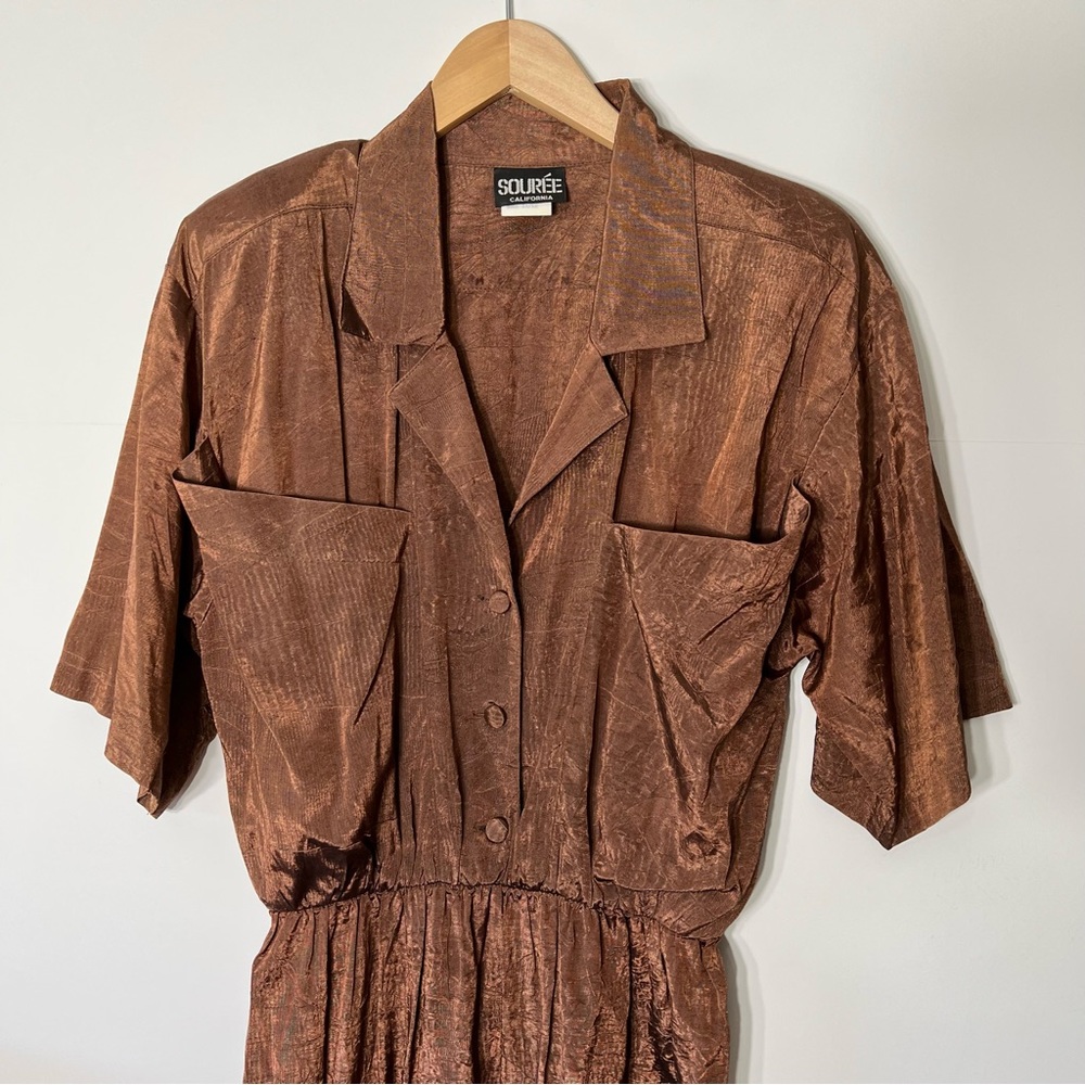 Vintage Souree Myven of California Satin Dress Size 11/12 Safari Classic 80's